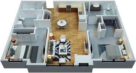 Floor plan for 2 beds, 2 baths, 970 sqft